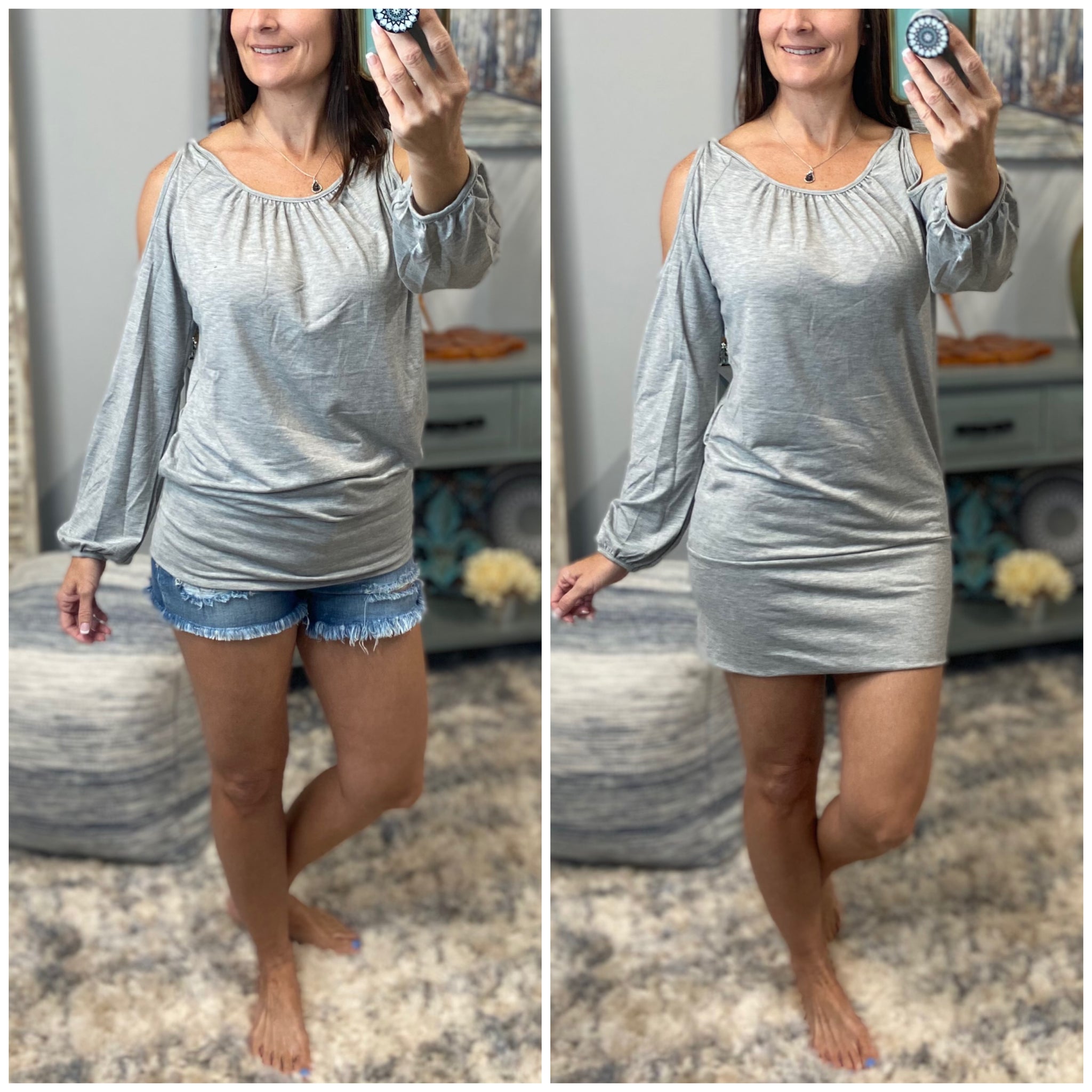 “Bad Decisions” Cold Shoulder Long Sleeve Ruching Detail Banded Gray Top Dress S/M/L/XL