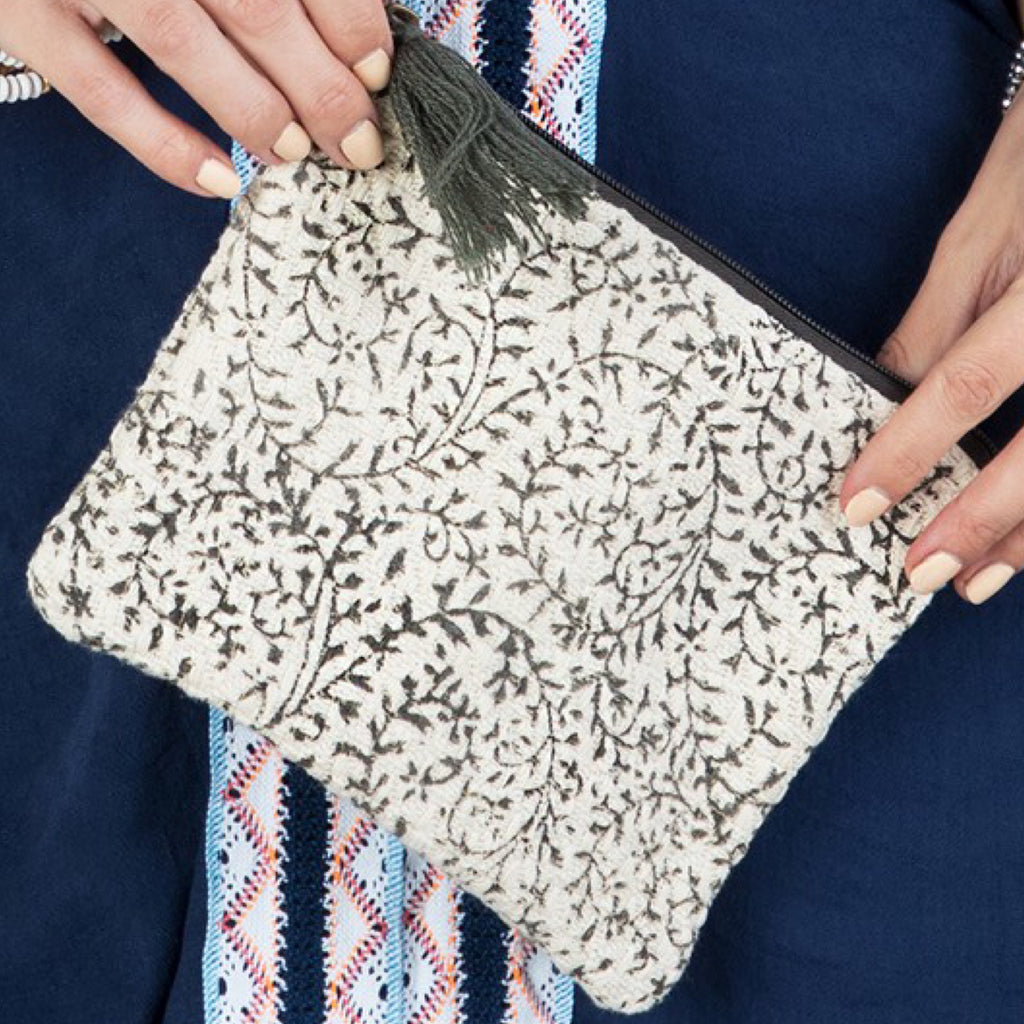 Weave Block Leafy Print Clutch With Tassel Zipper Gray Ivory