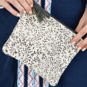 Weave Block Leafy Print Clutch With Tassel Zipper Gray Ivory