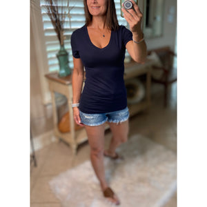 “Basic Babe” Low Cut V-Neck Cleavage Baby Slimming Basic Tee Shirt Top Navy S/M/L/X