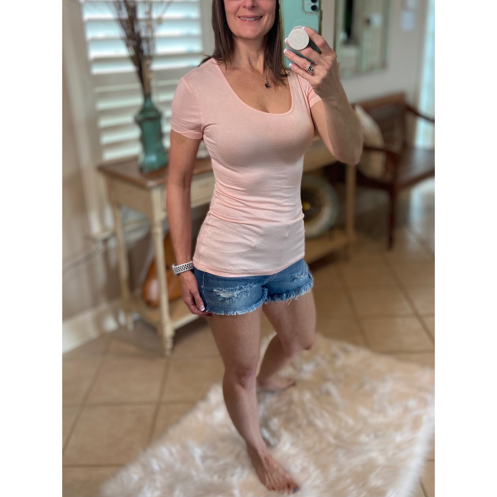 Scoop Neck Boyfriend Stretch Short Sleeve Baby Tee Shirt Pale Pink
