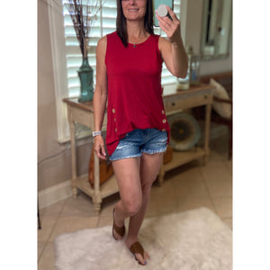 "Adore You" Round Neck Floaty Tunic Sleeveless Tank Wood Button Detail Dk Red