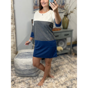 "Let It Be" Scoop Neck Color Block 3/4 Sleeve Pocket Shift Dress Navy Gray