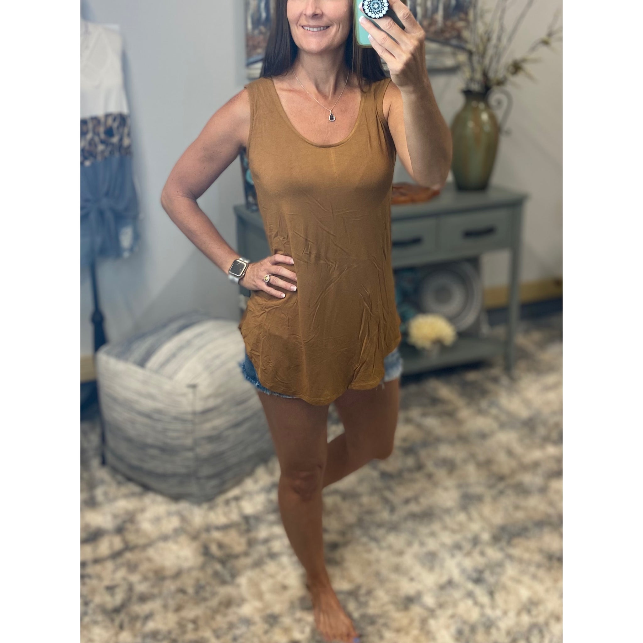 Scoop Neck Floaty Sleeveless Round Hem Tank Top Brown S/M/L/XL