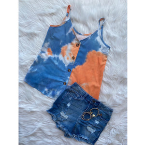 “Clouds in the Sky” Tie Dye V-Neck Button Up Floaty Spaghetti Strap Summer Tank Top Orange Blue