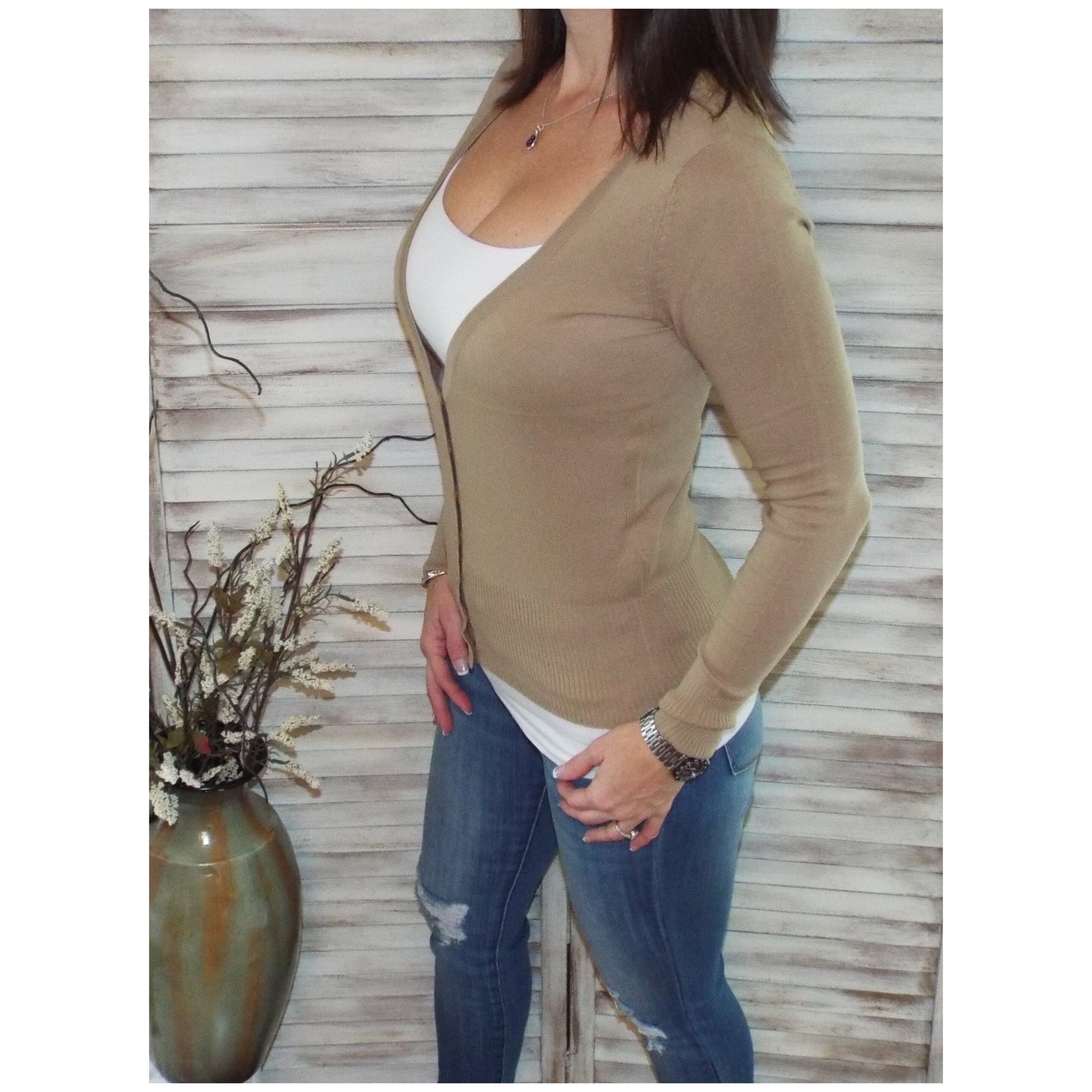 Sexy Preppy Cropped Cleavage Button Up Cardigan Long Sleeve Sweater Khaki Tan