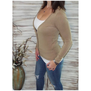 Sexy Preppy Cropped Cleavage Button Up Cardigan Long Sleeve Sweater Khaki Tan