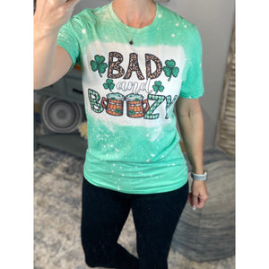 “Bad and Boozy” St. Patrick’s Day Bleached Sublimation Boyfriend Basic Tee Shirt Green S/M/L/XL/2X