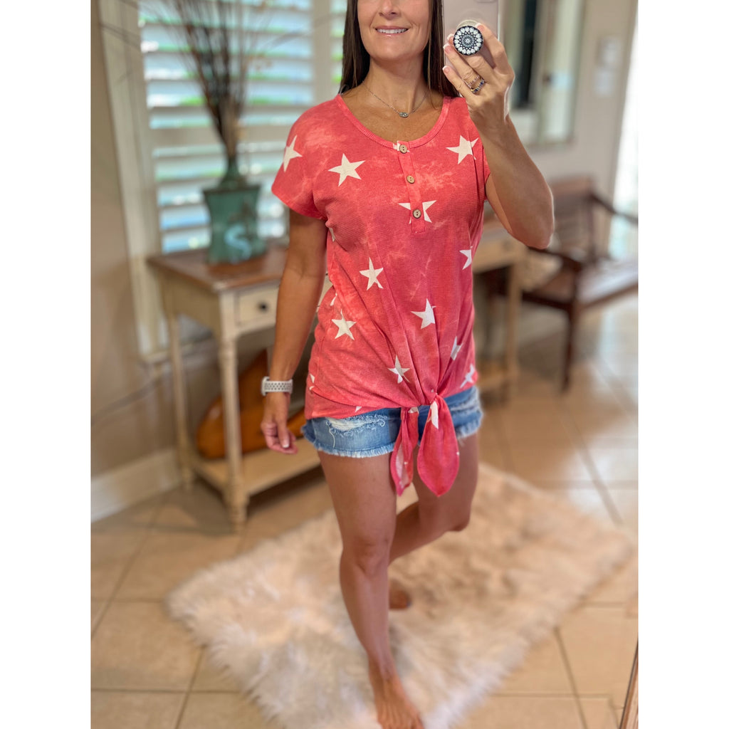 "Don't Stop Believing" Star Print 4th of July America Floaty Henley Self Tie Red S/M/L