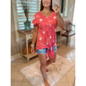"Don't Stop Believing" Star Print 4th of July America Floaty Henley Self Tie Red S/M/L