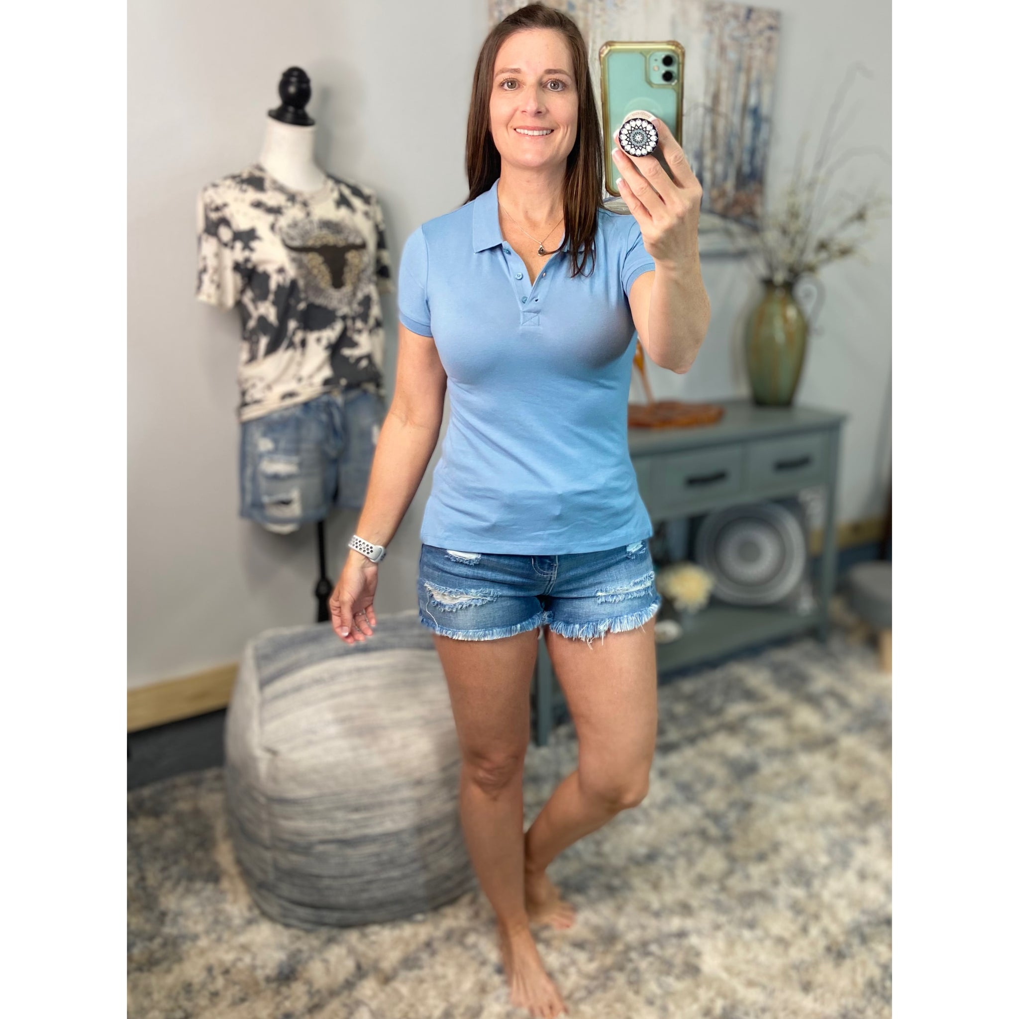 Basic Textured Three Button Polo Henley Collar Slim Fitted Preppy Stretch Top Sky Blue S/M/L