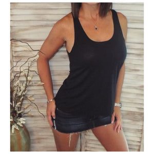 Sexy Scoop Neck Racerback Floaty Sleeveless Raw Edge Hem Tank Top Black S/M/L