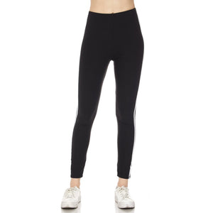 Sporty Striped High Rise Athletic Leggings Stretch Ankle Length Lounge Pants Black OS