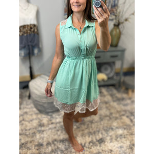 Henley Collar Button Up Lace Sleevless Boho Shirt Dress Mint Green S/M/L