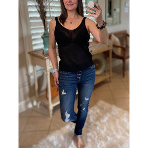 “Spring Fling” Sexy Low Double V Neck Back Sleeveless Dressy Knit Sweater Tank Black