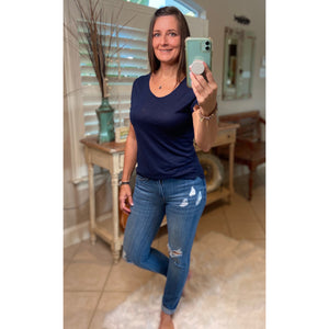 Very Sexy Sheer Burnout Melange Tissue Scoop Neck Top Shirt Tee Navy S/M/L