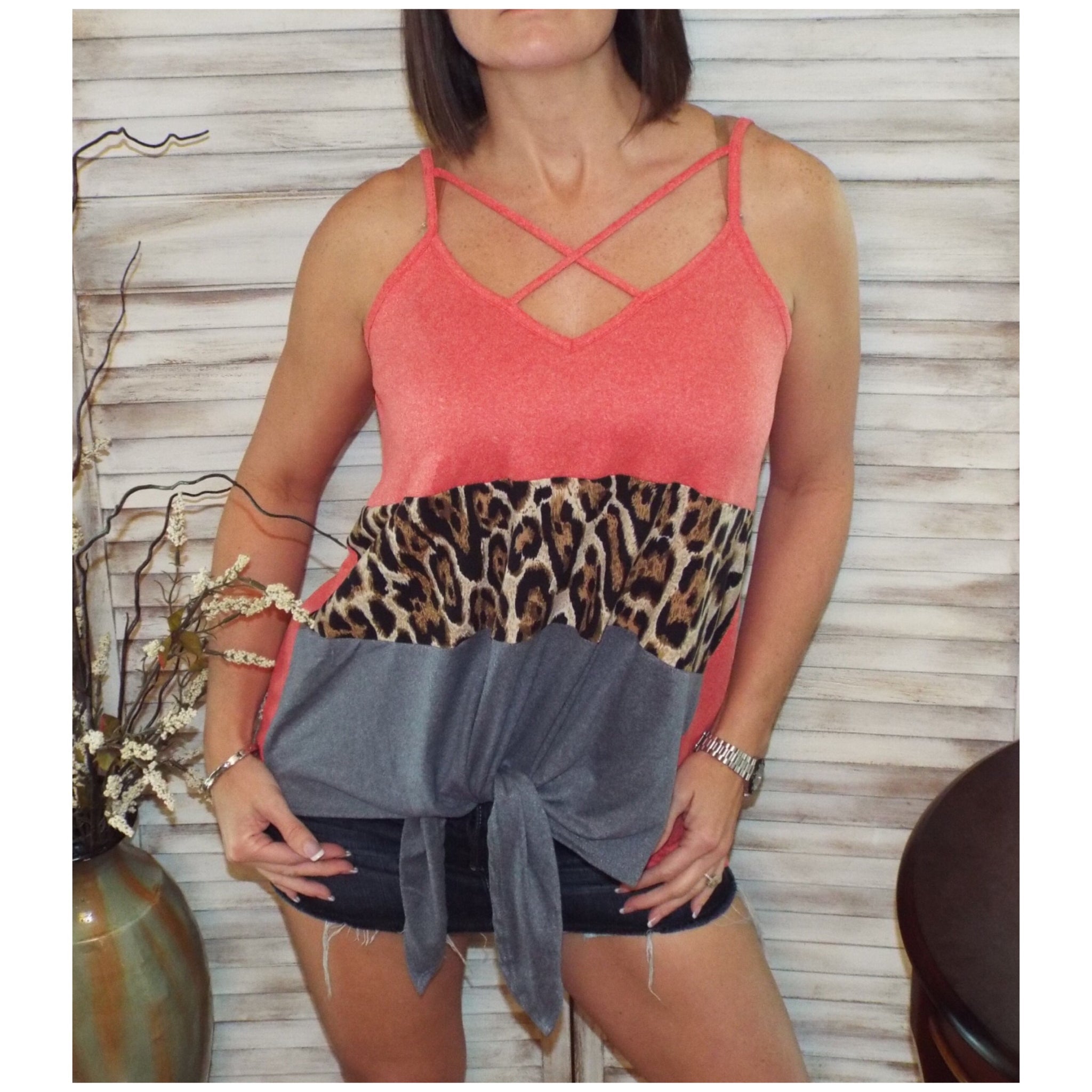 Sexy V-Neck Floaty Self Tie Animal Print Color Block Summer Tank Coral