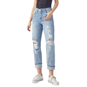 "Rise & Shine" Risen High Rise Cuff Denim Distressed Boyfriend Stretch Jeans Light Wash Blue