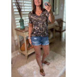 "Summertime Tee" Camouflage Loose Floaty V Neck Short Sleeve Boyfriend Tee Shirt Army Green