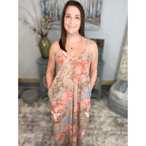 “In The Springtime” Maxi Dress Tie Dye French Terry V Neck Cami Tank Long Tube Pocket Summer Peach Blue