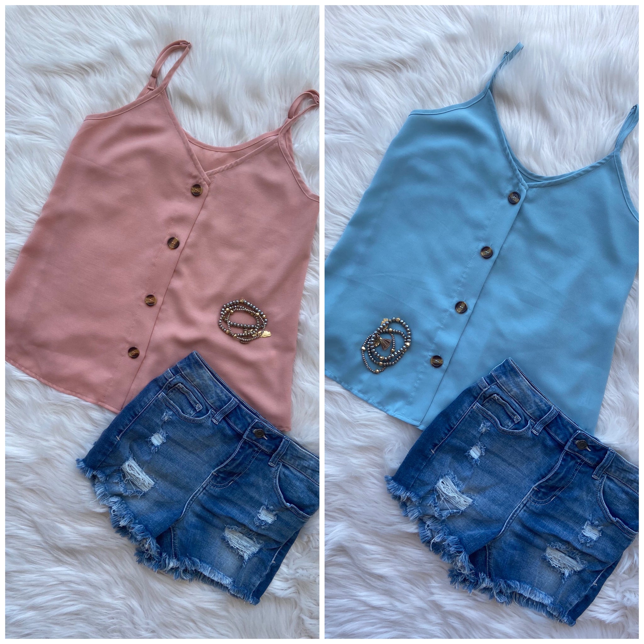 “Simply Perfect” V Neck Button Up Floaty Spaghetti Strap Summer Tank Top Pink