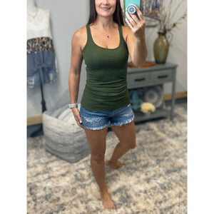 “Can’t Touch This” Ribbed Racerback Low Cut Scoop Boy Beater Cleavage Tank Top Army Green 1X/2X/3X