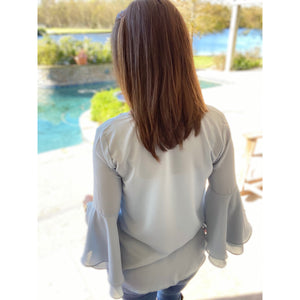 "Full of Surprises” V-Neck Flared Bell Layered Sleeve Dressy Top Blue S/M/L/XL
