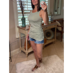 "All Summer Long" Scoop Neck Ruched Gathered Sides Sleeveless Summer Top Sage S/M/L/XL