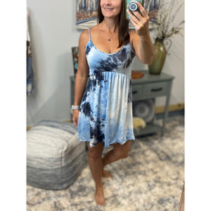 “Carefree Highway” Tie Dye Mini V-Neck Cami Tank Dress Adjustable Blue S/M/L