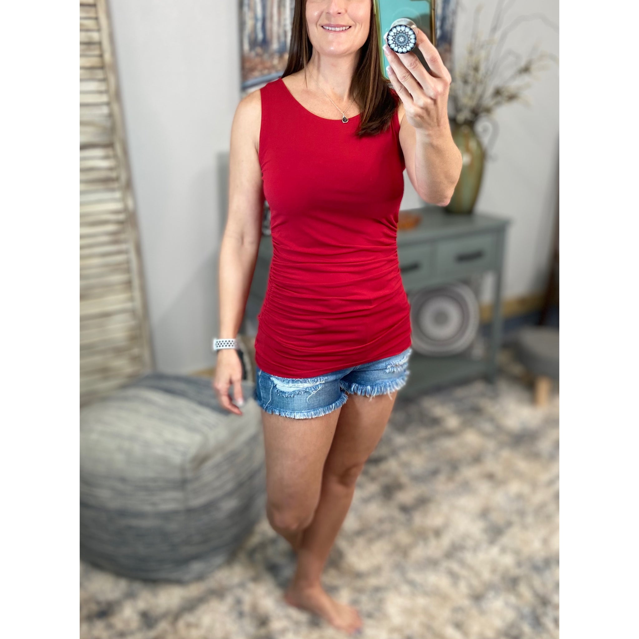 "All Summer Long" Scoop Neck Ruched Gathered Sides Sleeveless Summer Top Red S/M/L/XL