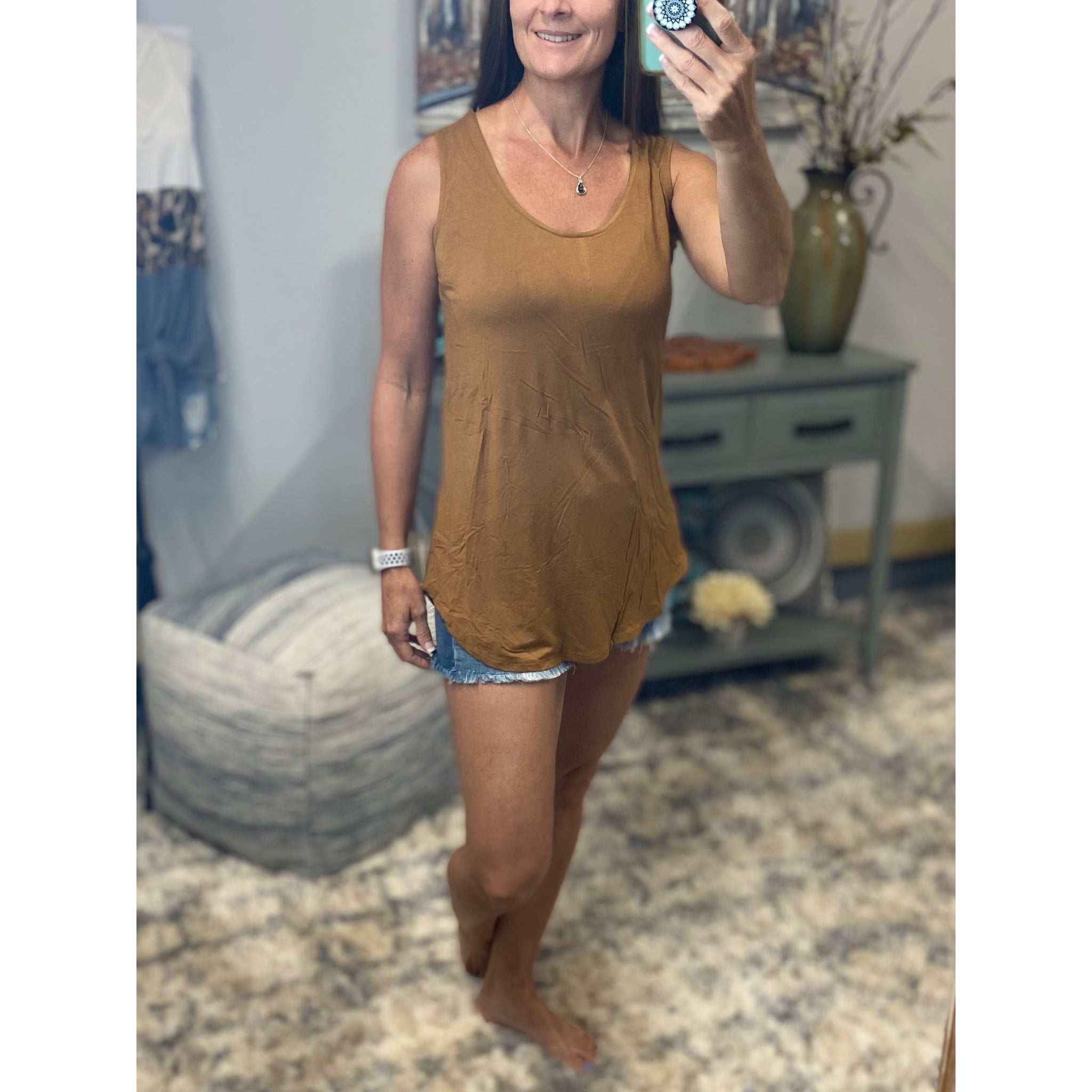 Scoop Neck Floaty Sleeveless Round Hem Tank Top Brown S/M/L/XL