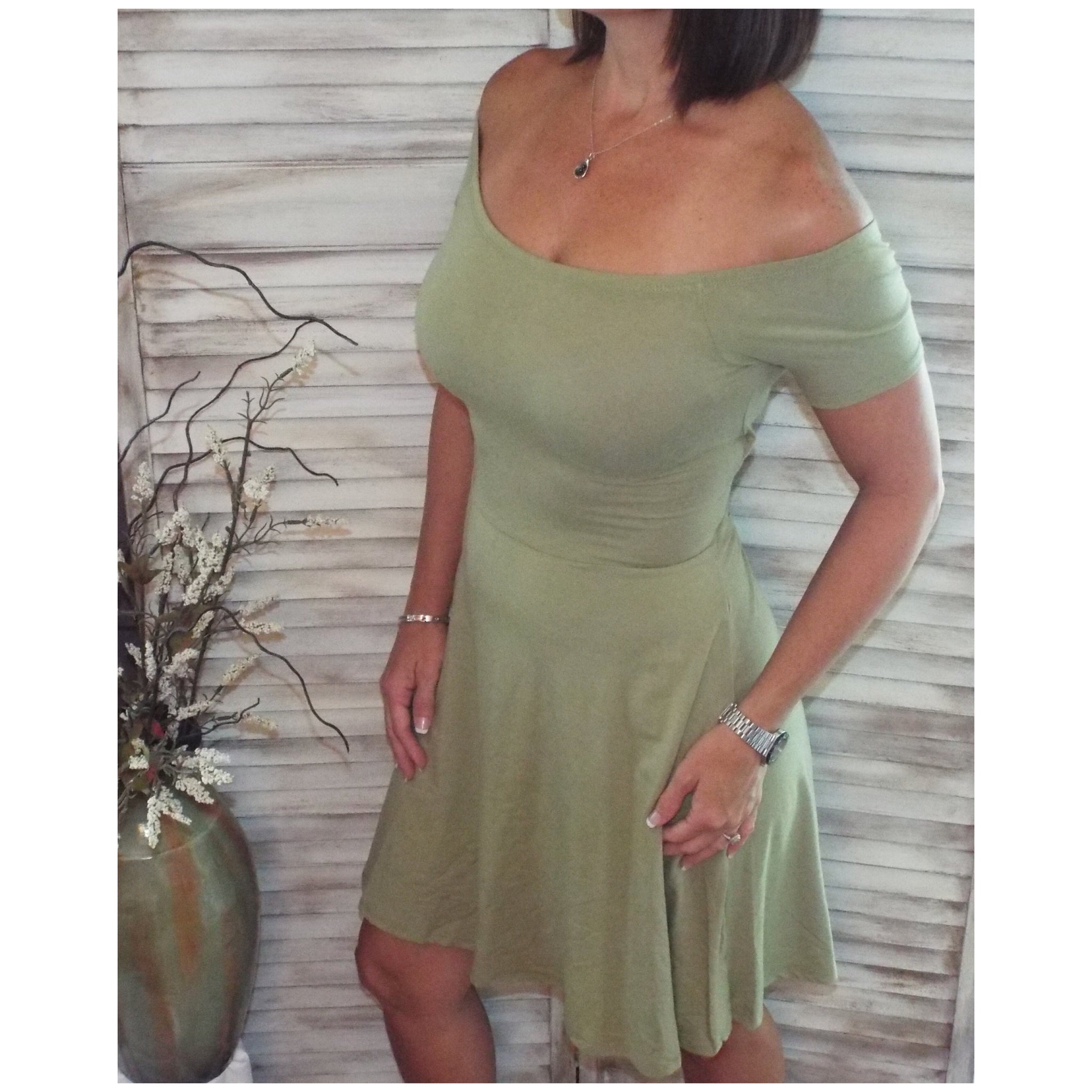 Sexy Off Shoulder Cross Back A-Line Short Sleeve Flare Dress Sage Green S/M/L