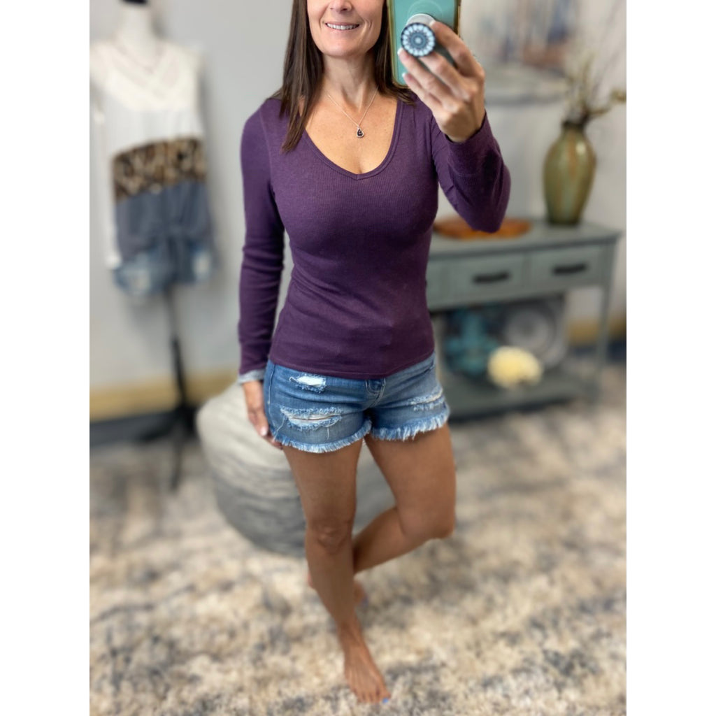 Very Sexy Deep V-Neck Cleavage Thermal Waffle Slimming Shirt Top Dk Purple S/M/L