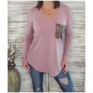 V Neck Soft Jersey Knit Floaty Animal Print Leopard Pocket Long Sleeve Pink