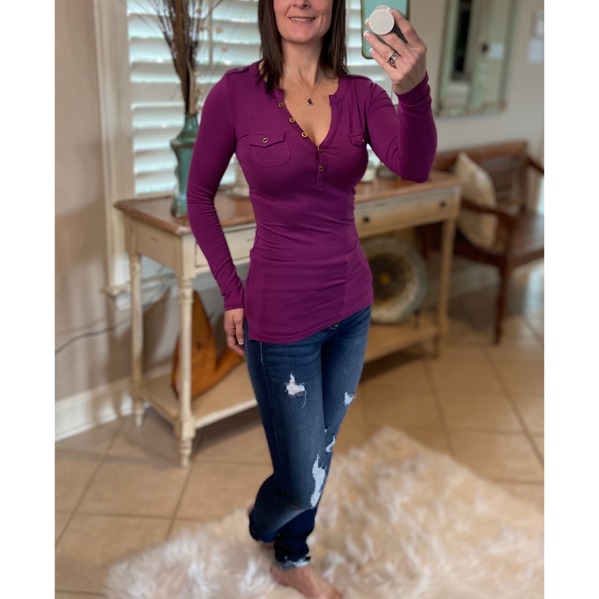 Sexy Deep V Neck Plunge Cleavage Military Henley Pocket Top Plum