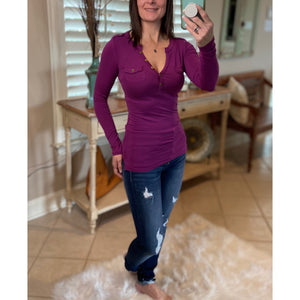 Sexy Deep V Neck Plunge Cleavage Military Henley Pocket Top Plum
