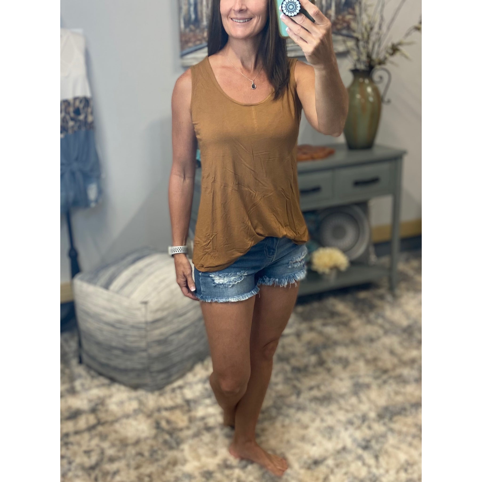 Scoop Neck Floaty Sleeveless Round Hem Tank Top Brown 1X/2X/3X
