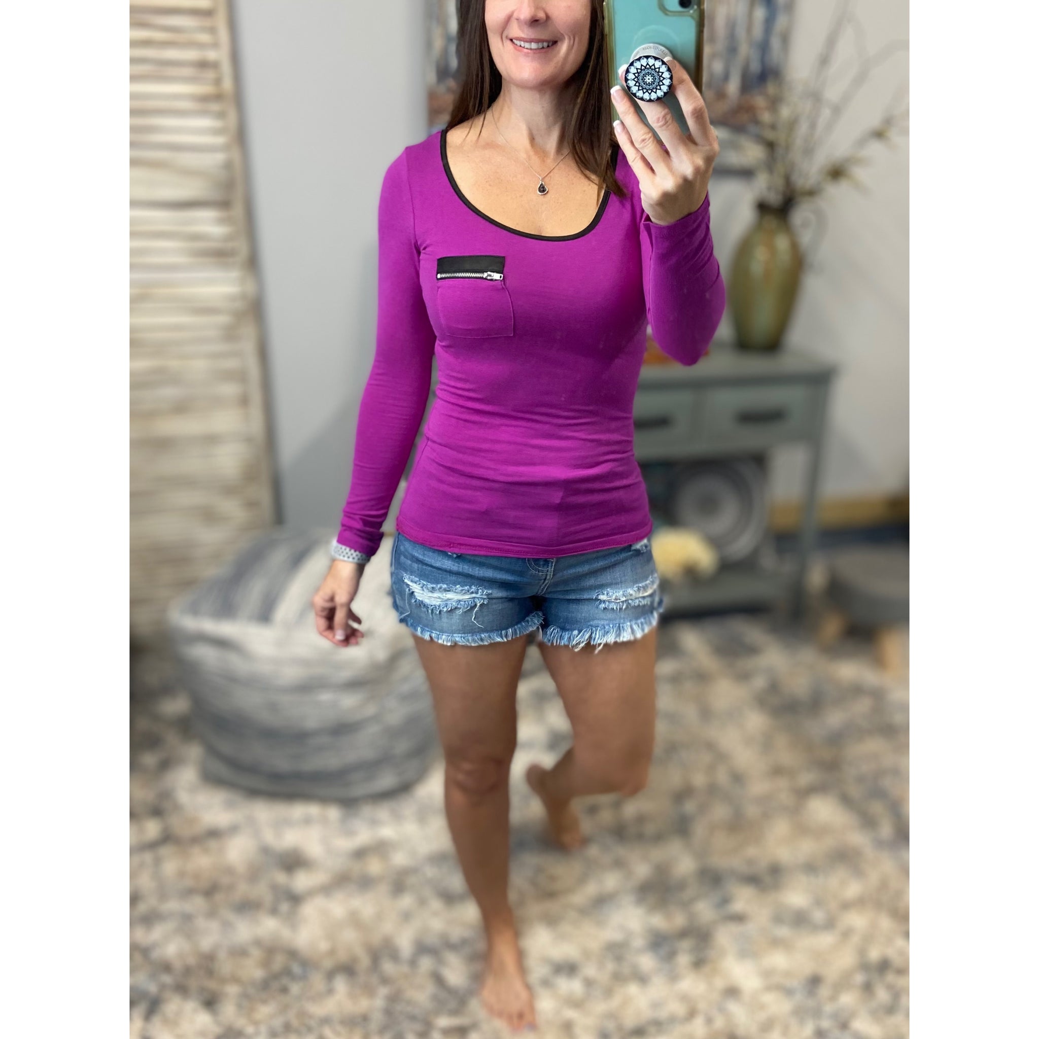 Scoop Neck Cleavage Stretchy Faux Leather Zipper Urban Top Pink Berry S/M/L