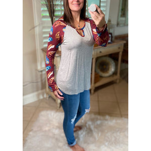 “Dream Catcher” Sporty Feather Long Sleeve Scoop Keyhole Neck Raglan Jersey Stretch Shirt Burgundy S/M/L