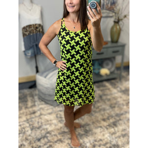 "My Way" Chiffon Double Strap Racerback Sheer Overlay Dress Geometric Green Navy S/M/L