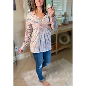 “Sunday Afternoon” Tie Dye French Terry V-Neck Long Sleeve Floaty Light Pink