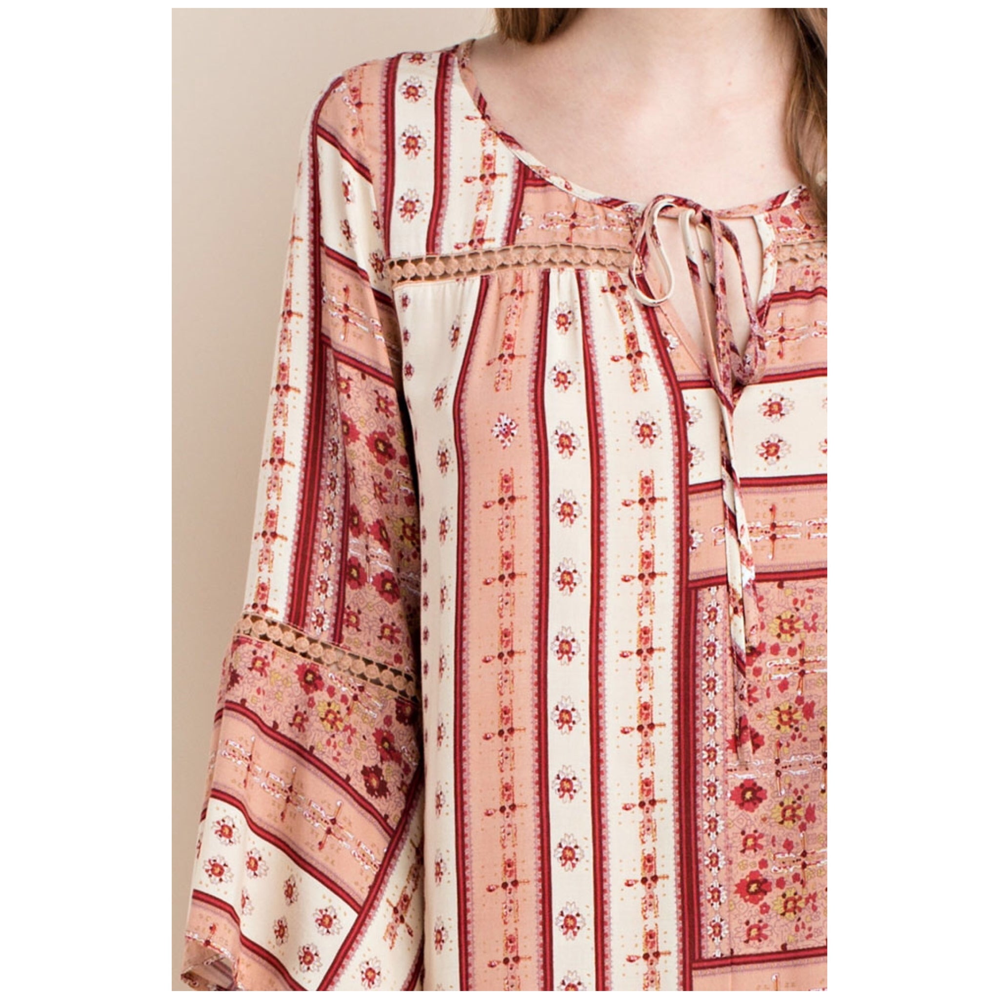"Falling for You" Floral Bell 3/4 Sleeve Keyhole Tie Floaty Shift Tunic Dress Pink S/M/L