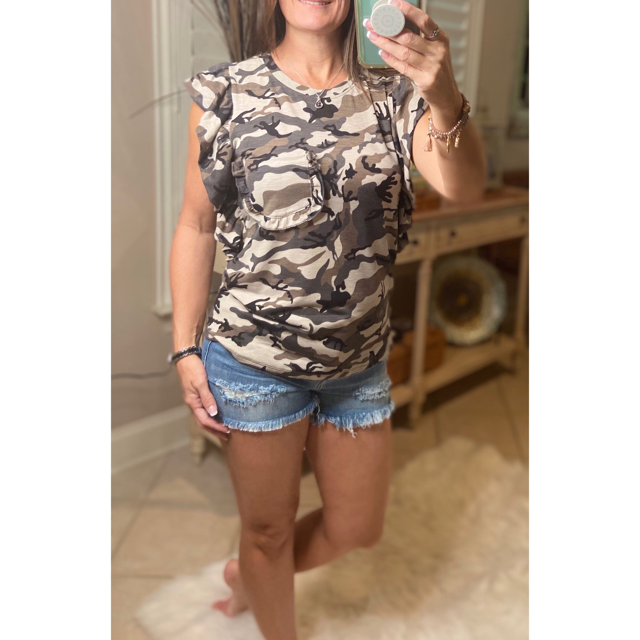 “She’s ALL Girl” Camouflage Ruffle Pocket Short Cap Sleeve Crew Neck Floaty Dressy Tank Top Gray