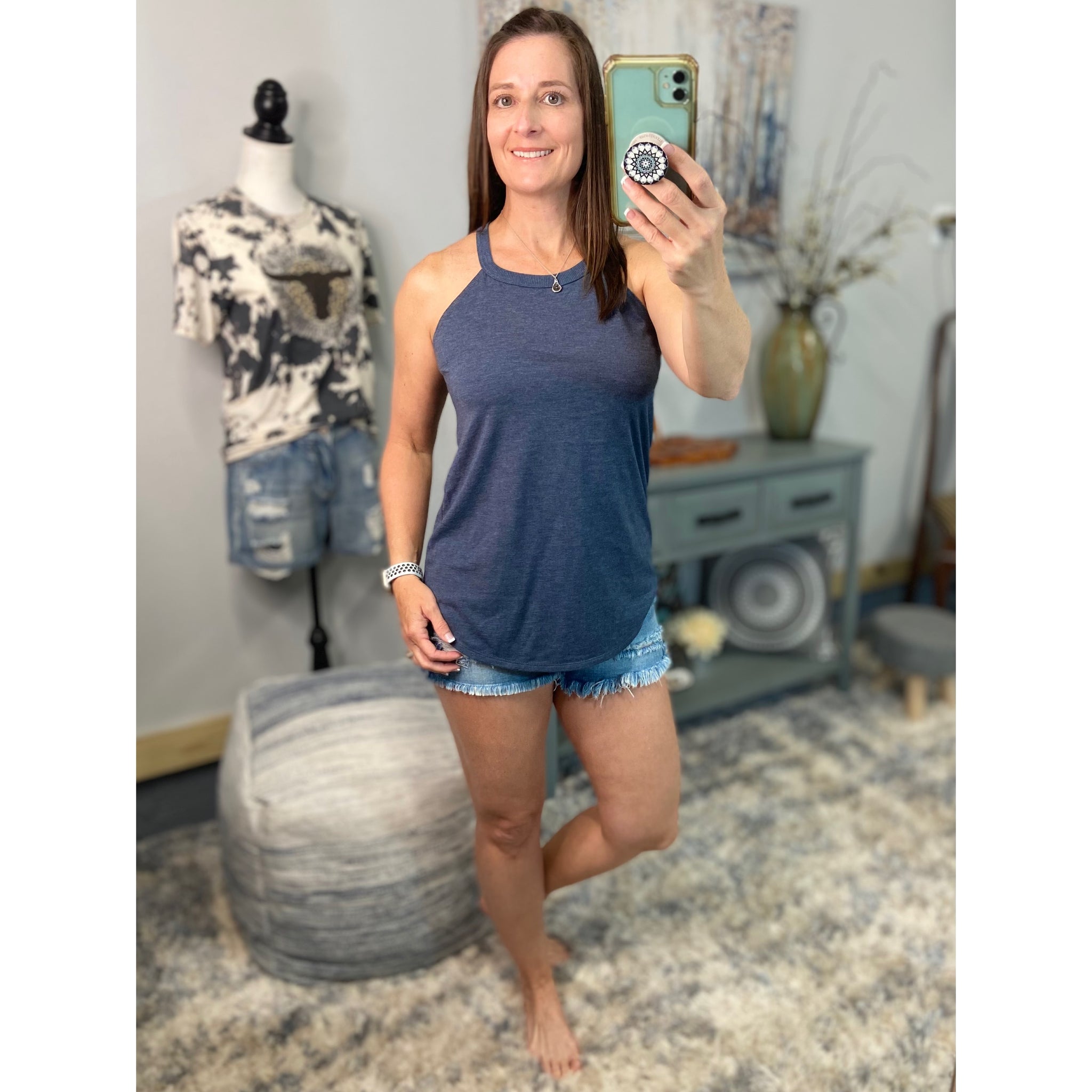 Tri Rocker Racerback Scoop Neck Floaty Trendy Tank Top Navy Blue S/M/L/XL