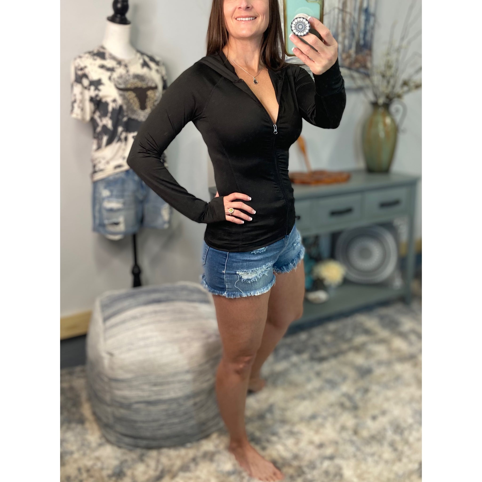 “Can’t Blame a Girl” Sexy Sporty Slimming Seamless Zipper Lightweight Hoodie Jacket Pockets Black S/M/L