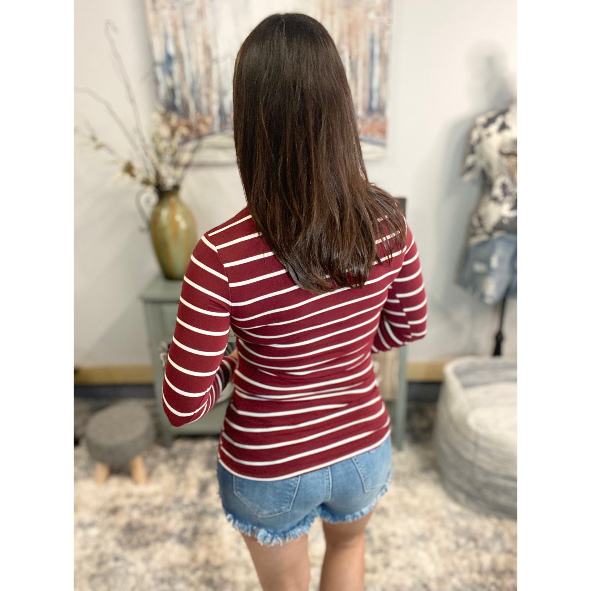 "Follow Me" Nautical Striped Preppy Stretch V-Neck Low Cut L/S Shirt Burgundy White S/M/L