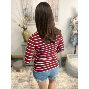 "Follow Me" Nautical Striped Preppy Stretch V-Neck Low Cut L/S Shirt Burgundy White S/M/L