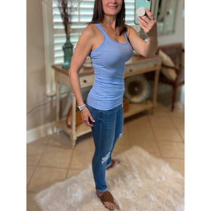 "Can't Touch This" Ribbed Low Scoop Boy Beater Cleavage Fitted Tank Top Spring Blue