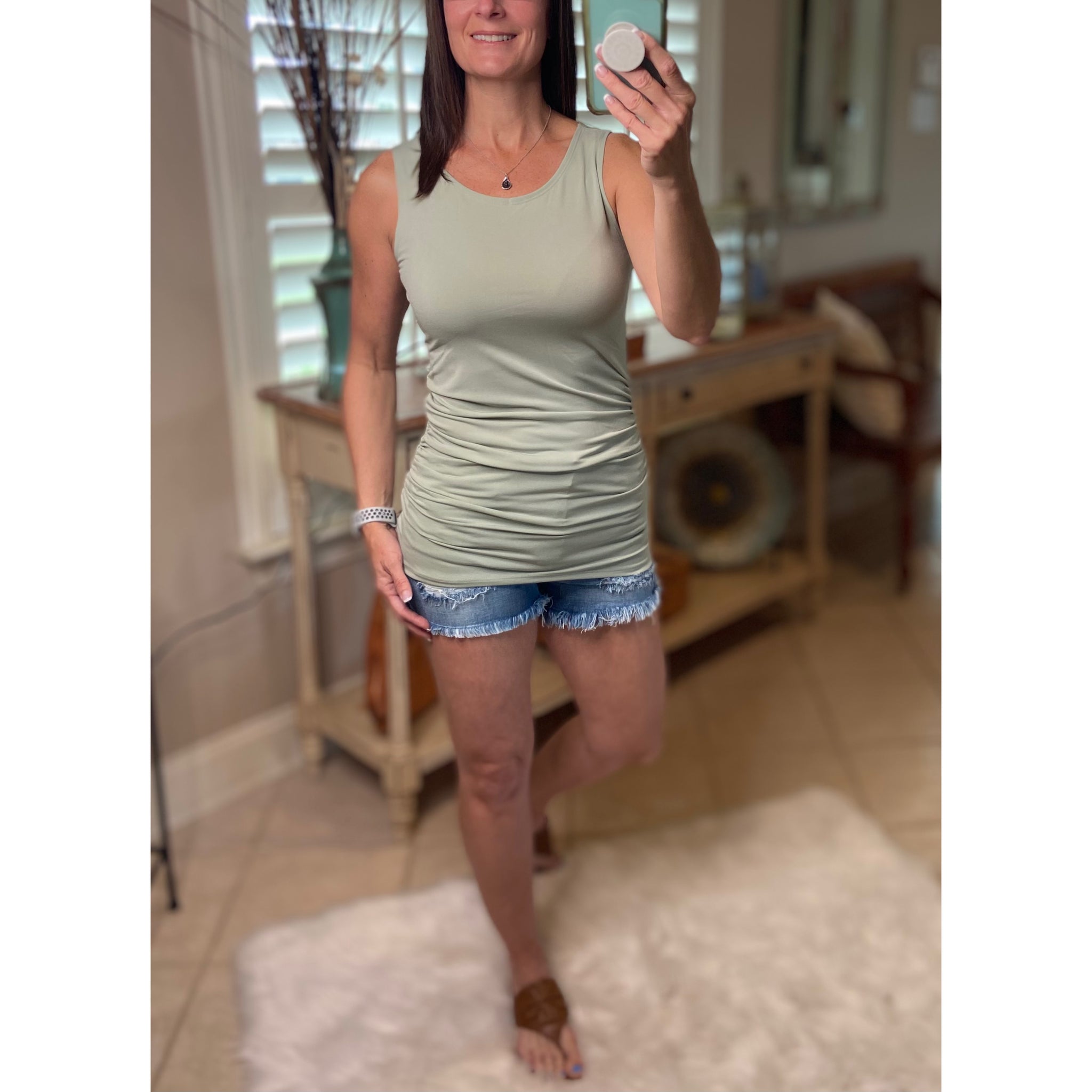 "All Summer Long" Scoop Neck Ruched Gathered Sides Sleeveless Summer Top Sage S/M/L/XL