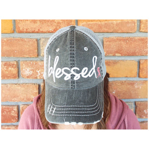 “Blessed” Pink Cancer Ribbon Distressed Embroidered Trucker Hat Mess Back Dark Gray
